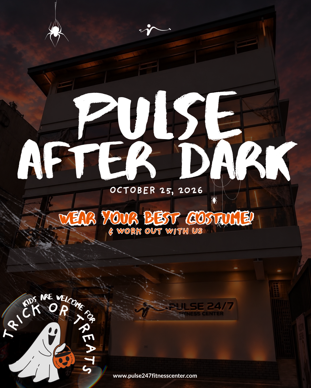 🎃 PULSE AFTER DARK 👻

Something spooky is coming to Pulse this October 25! 🕷️
Wear your best Halloween costume and work out with us! 💪🎃

🕖 Halloween Party starts at 7:00 PM
🍬 Trick or Treat runs ALL DAY — kids are welcome!

Come for the workout, stay for the spooky vibes. 👻🖤